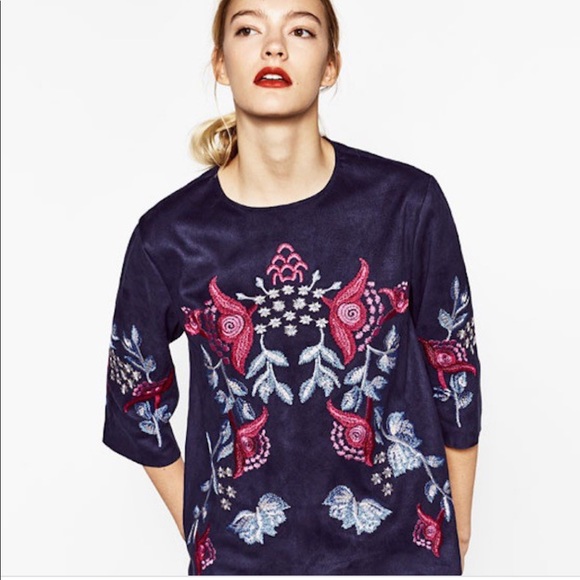 Zara Tops - Zara woman Faux Suede Embroidered Floral Blouse